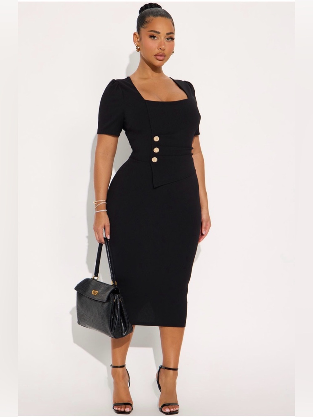 Fashion Nova Black Square-Neck Midi Dress with Gold Buttons